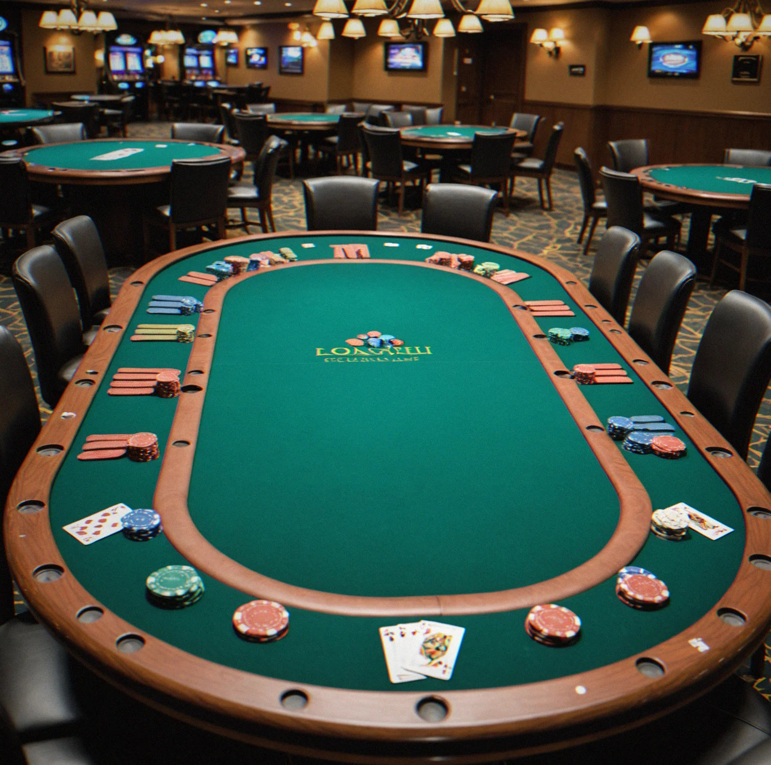 Poker table set up with tournament felt and cup holders ready to go