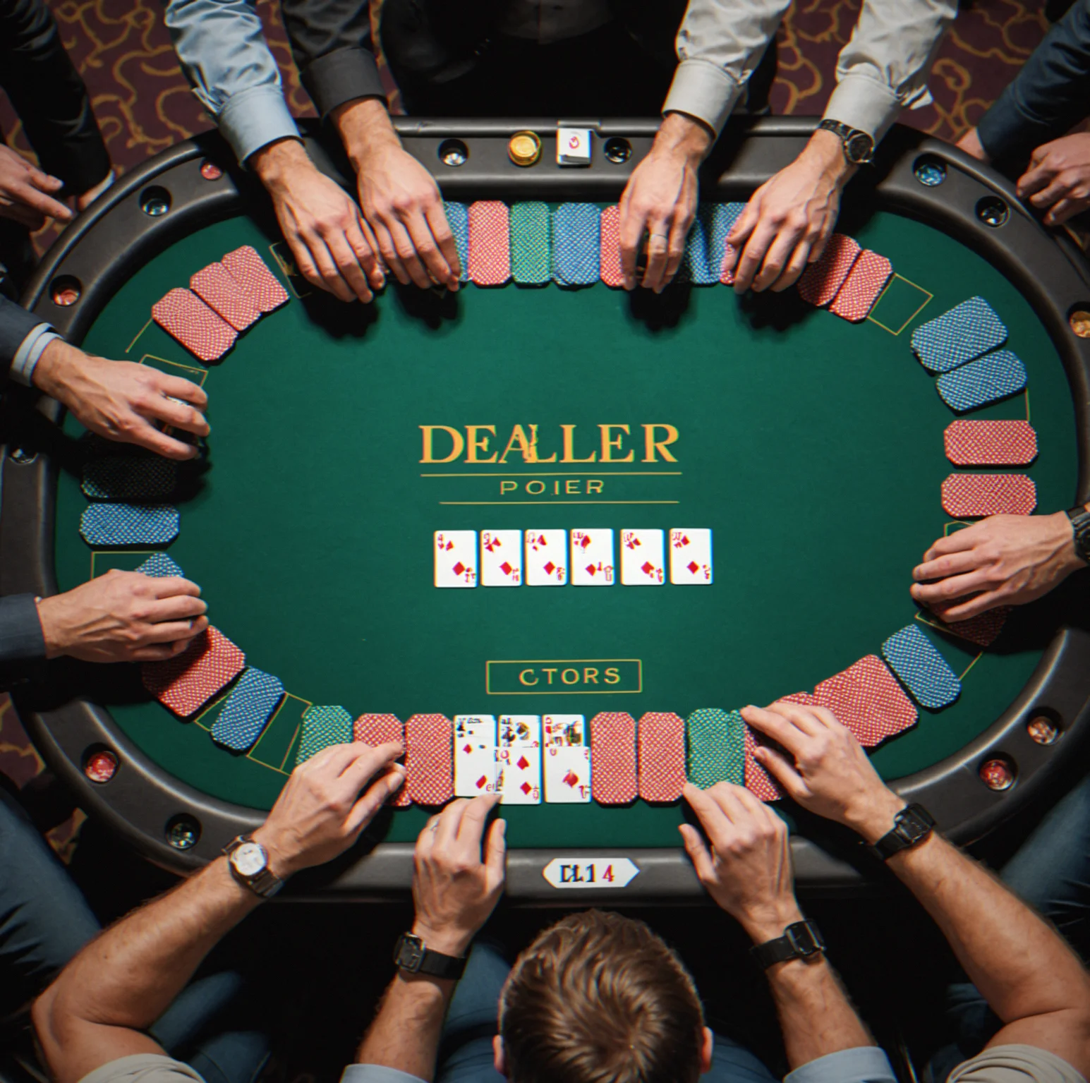 Chips stacked in racks with the dealer button and cut card in place