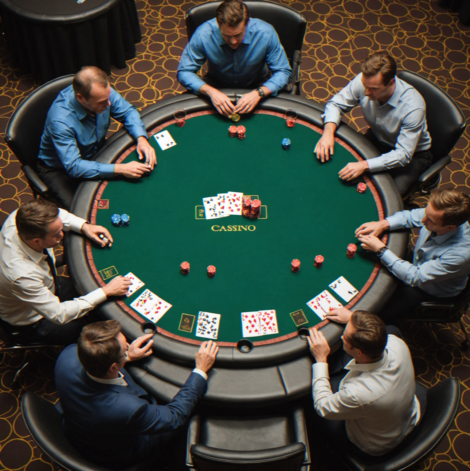 Three casino tables arranged in the event space with lighting set up for multiple games