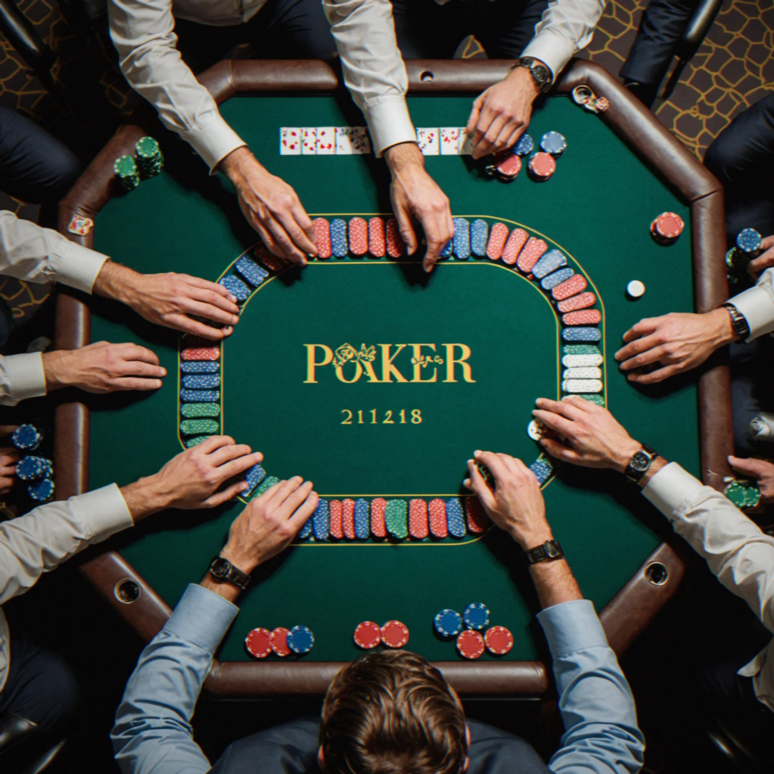 Dealer positiioned at tournament-grade poker table with stacked clay chips and felt