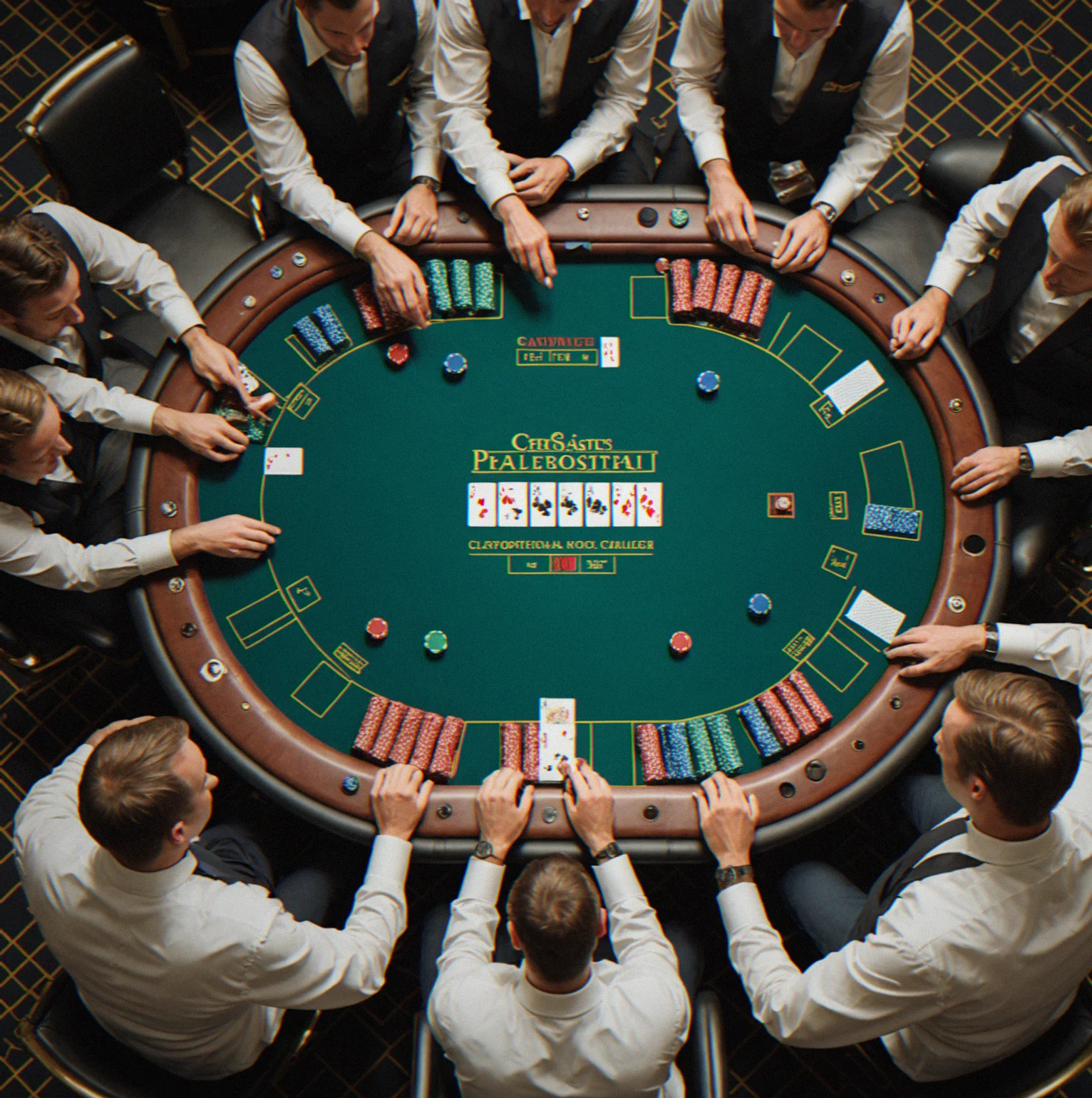 Several casino tables set up in a corporate event space with dealer buttons and cut cards