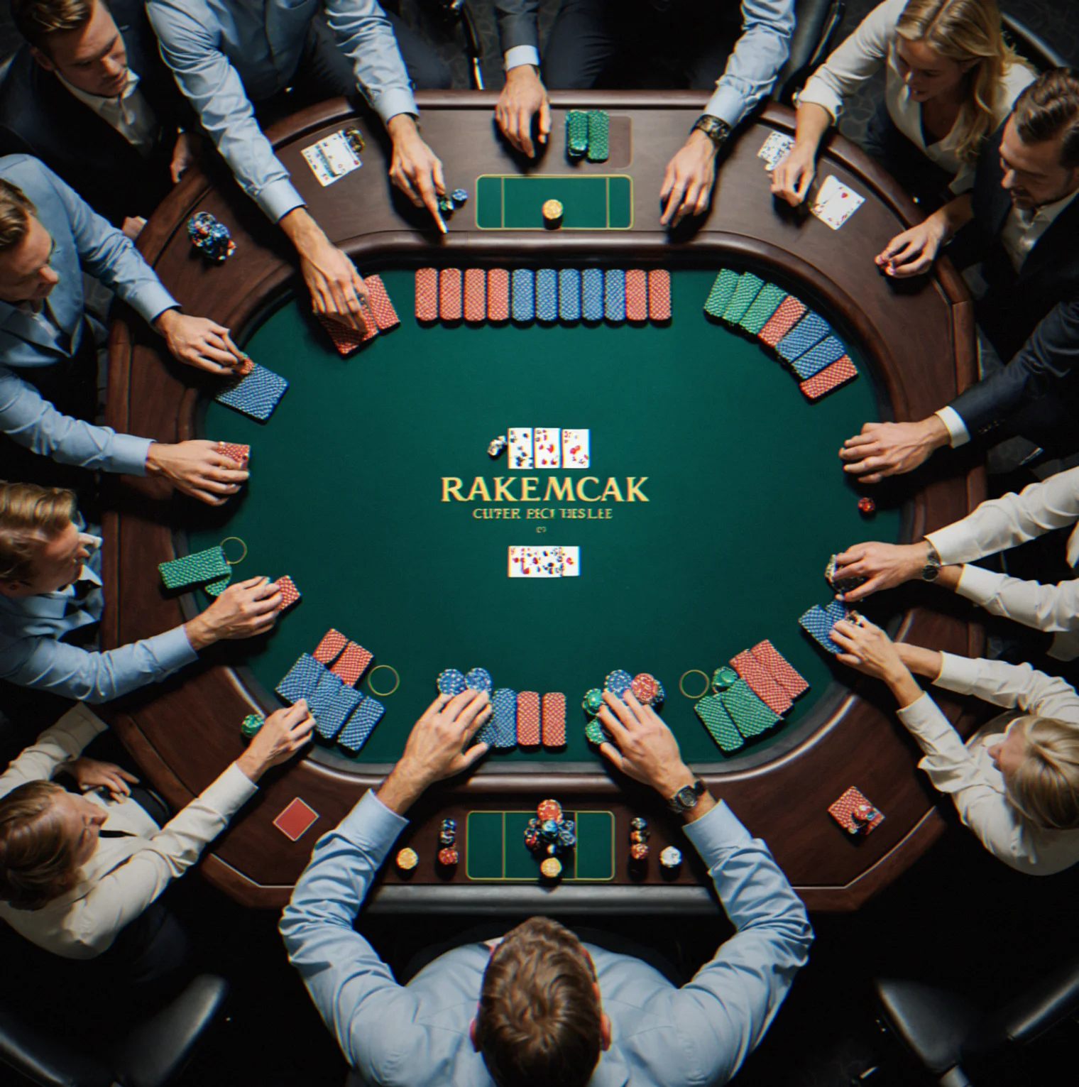 Corporate team members sitting at a blackjack table with a dealer and professional lighting